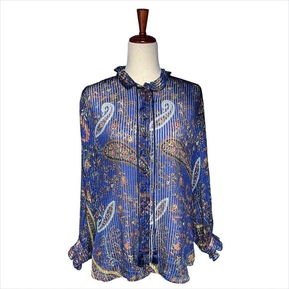 ETRO Breton Silk Lurex Stripe Ruffle Paisley Button-Up Blouse Blue Size IT/EU 40 - Picture 1 of 10